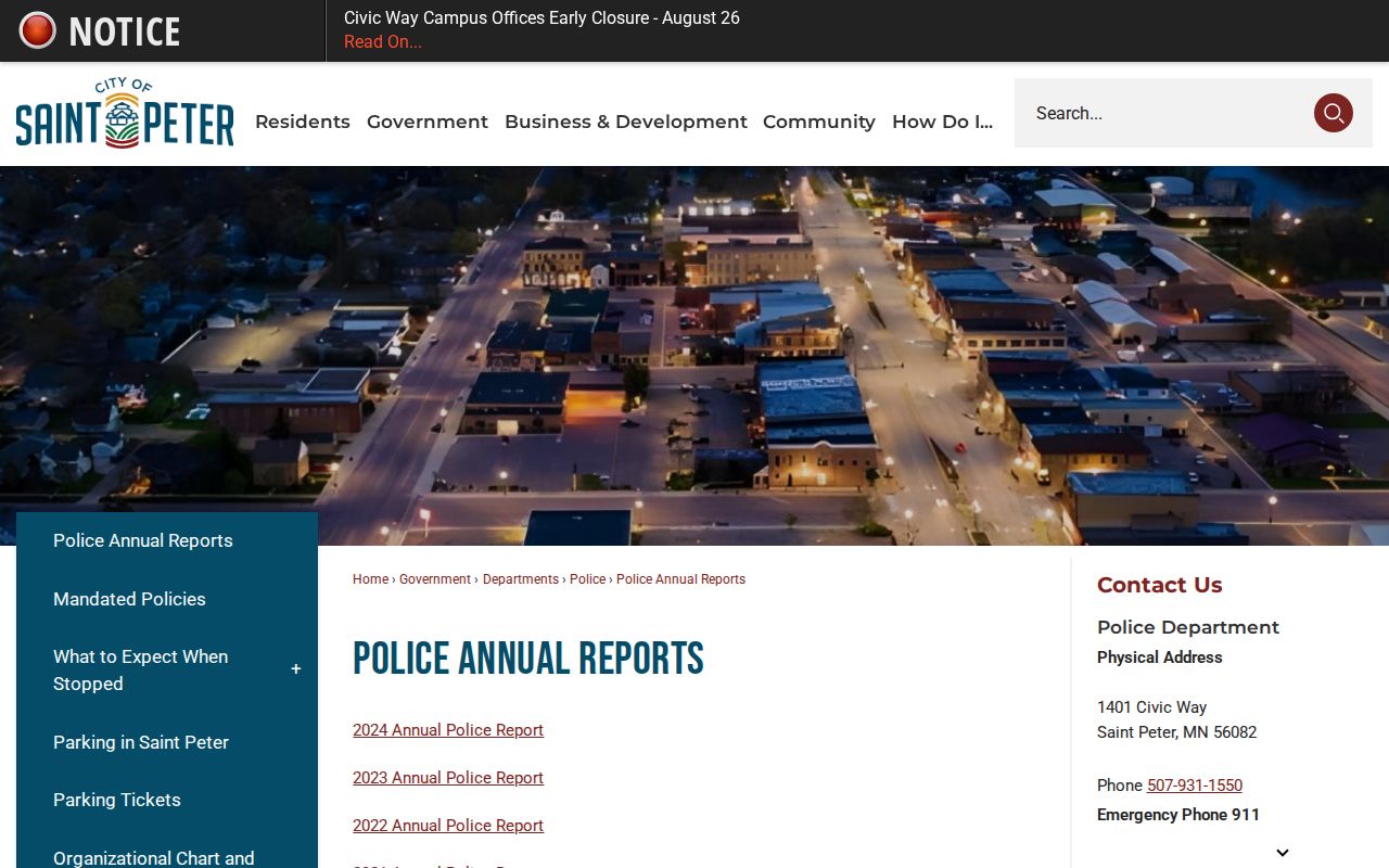 Nicollet County Saint Peter Police annual reports page for record context
